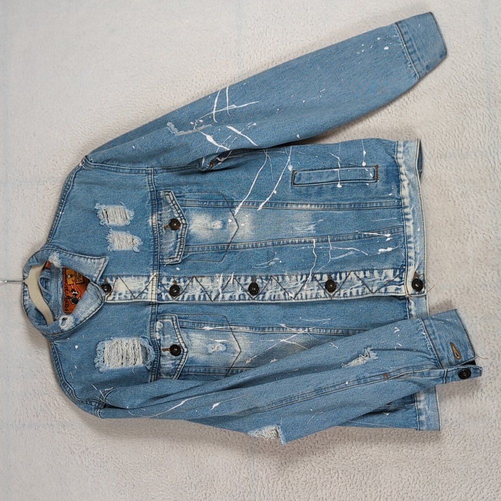 Rolling Paper Women's Blue Distressed‎ Paint Flecked Denim Jacket Size M